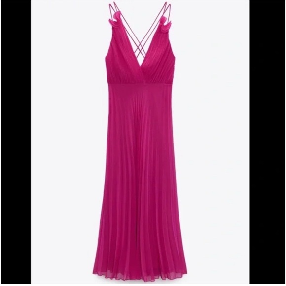 Zara Fuchsia Pleated Flower Maxi Dress Small - Picture 3 of 7